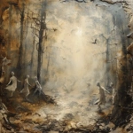 **Goblins dance in a circle in the light-flooded forest:: divine light, monochrome, burnt sienna, damaged Anthotype print, scratched, dynamic movement --v 6.0 --s 250** - Image #4 <@1089203343378878556>