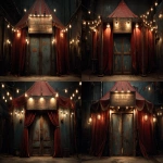 **A very wide retro circus entrance at night. Over the entrance is a wooden sign board with grunge paint. The sign board has no letters. The signboard shoud be at aspect ratio 3:2 Photorealistic --v 7.0 --p 7hy8o9f --ar 8:5** - Variations (Strong) by <@1124306677462745169> (fast)