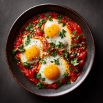 **please use this style of photography and create a michelin level gorgeous photo of a tomato shakshuka-- 3 eggs. Gorgeous plating, light-- polish.** - Image #1 <@1083267046139236443>