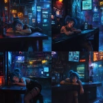 **a girl sleeping at a cyberpunk bar --cref <https://s.mj.run/_1HtQmqJztc> --cw 50 --v 6.1** - Variations (Strong) by <@334398819246538773> (fast)