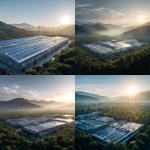 **Aerial view of modern industrial factory rooftop with solar panels, bathed in warm bright morning sunlight, surrounded by lush greenery and mountains, wind turbines in the distance, clear sky, glowing natural light, sustainable energy future, photorealistic --v 7.0** - <@427615579231485956> (fast)