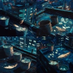 **The time is night, and on the large rooftop of an old apartment building, three or four empty buckets are rolling around, beautifully shining transparent reptile scales are scattered all over the place, and a beautifully shining bird feather is placed in the corner. Please do it in Ghibli animation style. --v 6.1 --ar 35:52** - Variations (Strong) by <@1107492289116373013> (fast)