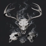 **skull tattoo design of an animal skull with antlers, the top half is filled in and shaded with swirling smoke or lightning. the bottom part shows two skulls, one normal deer skull, the other covered in black tattoos. --ar 9:16** - Image #2 <@1038926751054696569>