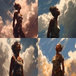 **mid shot, a low angle camera view, a character illustration, a black young muscular woman that made of golden light, she is looking to the sky and trying to reach out the clouds, craig mullins style --ar 4:3 --s 250 --v 5.0** - <@942102369683001474> (fast)
-# Create, explore, and organize on [midjourney.com](<https://midjourney.com/imagine?from_discord=1>)