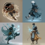 **fantasy art style. young air genasi misty stepping. He is a cleric with black hole iconography. he has bits of rogue gear mixed into his robes, such as a leather pauldron** - <@784252075265490974> (fast)