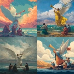 **an angel with wings holding and blowing a shofar horn with cross flag in the center. Four people on the sea kneel below the angel with their hands raised, against a sky background. The scene is set against the backdrop of mountains.** - <@409716268476923920> (fast)