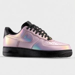 **custom air force 1 shoes designed as an iridescent light pink colorway. the shoe laces should be black leather. the nike check should be black. resolution is hyper realistic. show details in the leather material.** - Image #1 <@917332670239895563>