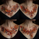 **chest tattoo on a women, tattoo of a phoenix bird made of leaves and feathers, leaves and feathers are fall colors** - Variations (Strong) by <@966519024106217482> (fast)