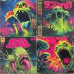 **90s horror B-movie poster style UK bassline cover art, acid rave theme, dripping mushrooms with tongues out and sweat, chaotic spikes, exaggerated lighting, VHS grain, neon green and pink palette, hand-painted airbrush textures, campy sci-fi horror vibe, glowing outlines, dramatic composition, inspired by Phatworld, Mozey, Interplanetary Criminal, --ar 1:1 --v 7.0 --s 850 --q 2 --raw** - <@289277077293760513> (fast)