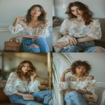 **A photo-style image of a fashion model seated with legs crossed, holding a mini luxury purse, relaxed posture, head slightly tilted, wearing a semi-sheer white blouse with lace, blue jeans, minimal accessories. Indoor modern apartment backdrop with muted colors. Soft directional lighting from the left, creating gentle shadows. Created Using: Sony Alpha 7R IV, lifestyle fashion aesthetic, soft focus background, warm indoor tones, editorial shoot setup, clean lines, cozy realism, minimalistic composition --ar 2:3 --v 6.0** - <@1262637622728065066> (fast)
