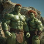 **Realistic 3d rendering. Full body portrait of two characters. ruggedly handsome, Hyper muscular handsome twin green skinned orcs, bright silver eyes, short curly redred hair, short pointed ears, defined muscles, pronounced features, hyper muscular, wide Grecian nose, strong square jaw, defined cheek bones, masculine features, freckles. Bodybuilder. wearing a tight short leather skirt. His oiled skin glistens under intense studio lighting. A strong camera flash highlights the shine on his muscles, creating bright reflections on his body, arms, and thighs. Retro fitness photography style, slightly exaggerated lighting contrast, 90s magazine aesthetic, center-framed, studio portrait shot. Standing and posing in a sunny rocky field. --ar 5:6** - Image #4 <@1222981214734913607>