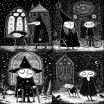 **Five of Pentacles tarot card by Sarah Andersen. The image is black and white and depicts a an old hag with crutches walking from left to right with a man behind her passing by the camera. They walk in the snow passing a church window with stained glass depicting five pentacles. The hag wears a cloak. all set against a black background, and the overall design is simple yet striking, in the style of Sarah Andersen. --ar 3:5 --profile fllp7es** - <@409716268476923920> (fast)
-# Create, explore, and organize on [midjourney.com](<https://midjourney.com/imagine?from_discord=1>)