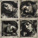 **highly detailed renaissance engraving style album cover, Black woman lying with her head down, snakes coiling around her, intricate crosshatch linework, heavy Cuban link chain with a large jewel-encrusted "P" pendant, faint glow from the pendant, surreal aura of smoke and abstract symbols in the background, baroque borders with hidden inscriptions, vintage worn texture like an old vinyl cover, gothic and mythological mood with modern hip-hop symbolism --s 250** - Remix (Strong) by <@533584302466662410> (fast)