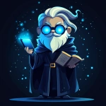 **Futuristic legal wizard mascot, glowing blue eyes, wearing a judge robe mixed with a wizard cloak, holding a digital scroll and a smartphone, cartoonish but clean, high-tech magical vibe, flat design - vector art --s 250** - Image #1 <@844314166369583134>
