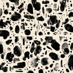 **Abstract black graphic composed of fragmented organic shapes. Irregular ink-like blobs, broken strokes, and isolated dots scattered loosely across a white background. No closed outlines, no complete silhouettes. Forms feel interrupted, cropped, or partially erased. Mix of soft-edged masses and sharp, hesitant strokes. Some curved echo-like marks suggesting motion or vibration. No center, no symmetry, no recognizable object. The composition should feel accidental and unbalanced. Flat, 2D graphic. Solid black shapes only. No texture, no shading, no gradients.** - Variations (Strong) by <@389249015331422210> (fast)