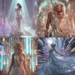 **Aspect ratio 9:16. A futuristic goddess of light stands in a radiant hall of crystal and mirrored glass. Her presence is divine and magnetic her gown made of flowing metallic fabric that ripples like liquid silver and glows with embedded galaxies. The dress sparkles with countless tiny gems, sequins, and holographic panels that catch beams of neon light as she moves. Her skin glows softly beneath layers of luminous fabric; her hair is a cascade of iridescent waves, refracting shades of sapphire, gold, and violet. She wears ornate gold-and-chrome jewelry glowing arm cuffs, layered neckpiece, and crown-like headpiece emitting delicate rays of light. The camera drifts slowly around her in 9:16 vertical frame, soft FPV dolly and orbit movement as glitter particles swirl through the air. The background shimmers with futuristic architecture suspended light pillars, holographic patterns, and drifting crystal dust. Lighting: radiant, cinematic, volumetric light shafts with shimmering glitter motes floating in slow motion. Color palette: platinum, rose gold, sapphire, amethyst, and ultraviolet. Mood: transcendent, glamorous, ethereal power. Style: high-fashion sci-fi divinity, maximalist sparkle, hyperreal beauty. Motion: graceful slow movement, shimmering reflections, light pulse synced to motion. --v 7.0** - <@692146423638261810> (fast)
