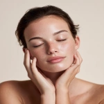 **high-resolution editorial beauty portrait, single female model resting fingertips lightly against her cheek, natural relaxed pose, calm neutral expression, minimal makeup, realistic skin texture, hair pulled back cleanly, bare shoulders, appearing in her early 20s, fresh youthful facial structure, soft skin elasticity, clean studio background in soft neutral off-white with warm beige undertone, evenly lit, no color cast, no gradient, professional beauty photography, precise focus, shallow depth of field, subtle natural grain, no harsh retouching, no jewelry, no text, no logos --ar 4:5 --raw** - Image #2 <@1401465269099958426>