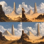 **a dnd drawing. a desert with crumbling pyramid and a giant tower.** - Variations (Strong) by <@694292659686342656> (fast)