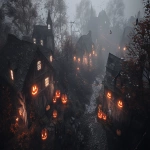 **Aerial view of a small English wizarding village, Godric’s Hollow, seen from afar at night in 1981. The wind blows through leafless trees, moving the mist slowly over the hills. Below, the village streets are made of wet cobblestone, reflecting the warm, flickering lights from the windows. Carved pumpkins with crooked smiles sit by the doors, paper spiders and bats hang from shop windows. The mood is calm, nostalgic, and magical, with soft Halloween decorations. Cinematic illustrated style inspired by Vladislav Pantic, painterly textures, warm lighting, subtle glow, detailed composition, mahogany tones and atmosphere. --ar 16:9 --v 6.0 --chaos 10 --raw** - Image #4 <@1135636698060038216>