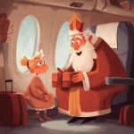**Saint Nicholas gives a gift to a child in the airplane cabin, a cute commercial illustration in light orange white and bright red tones, adding an atmosphere of Christmas and magic --v 7.0** - Image #3 <@1178911175929499672>