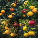 **Ultra realistic DSLR close-up photograph of a lemon tree branch with glossy elongated green leaves and whole bright yellow lemons, growing closely beside a pomegranate tree branch with dark green narrow leaves and several whole round red pomegranates with crown-like calyx tips, both fruits naturally overlapping in the same frame as if the trees grew side by side, natural outdoor lighting, soft golden hour sunlight, organic fruit textures with natural imperfections, hyper-detailed, 8k --ar 2:3 --v 6.0 --raw** - <@1068890344428675213> (fast)