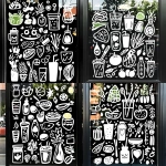 **illustration for window decal of a healthy food and drink restaurant, line art, harmony, various healthy food and drinks, clean doodle art, illustration of healthy salad, smoothies, coffee, protein shakes, healthy people, cookies, juice, vegetables --sref <https://s.mj.run/I-_CcMOq51c>** - Remix (Strong) by <@980826184403275816> (fast)