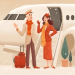 **Pilot and stewardess greeting people on the airplane steps, cute commercial illustration in light white, beige, orange and bright red tones, add Christmas atmosphere and snow --v 7.0** - Upscaled by <@1178911175929499672> (fast)