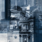 **Institutional digital-art collage: classical human form intersected by precise grids, data blocks, and abstract system graphics. Temporal layering suggests past, present, and future compressed into one visual field. No illustration, no narrative only structure, memory, and anticipation. Dark navy blue accents, restrained palette, sharp contrast, editorial clarity, high-end art prize aesthetic. --ar 4:5** - Image #4 <@1040897715137163265>