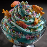 **Ultra realistic thick turquoise slime shaped into a tall soft swirl like ice cream in a transparent glass dessert bowl. The entire slime surface is covered with bright candy sprinkles sticks (pink, orange, yellow, lime green, light blue, purple) and flat cartoon-style fondant fish (orange, yellow, red, turquoise, green, purple), some resting on the surface, some partially submerged inside the slime. Neutral background, product macro photography, visible glass gloss and semi-matte slime texture, high micro detail, studio lighting, shallow depth of field, square composition, 1:1 aspect ratio, ultra detailed, photorealistic, 8k --p oxoxzc9 --v 7.0** - Upscaled by <@1410006406576209970> (fast)