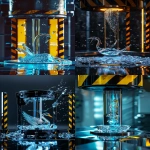**a glowing iconic ASMR hydraulic press (cylinder) with its iconic black and yellow stripes descending on a delicate crystal glass sculpture of a swan fillid with blue liquid standing on a cylinder metall surface, clean minimalistic studio setting, bright, sterile lighting, reflections on the polished metal and crystal facets, beautiful destruction, high resolution --ar 9:16 --v 6.0** - <@672875703666081795> (relaxed)