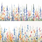 **A watercolor painting of an array of wildflowers, including larkspur and delphiniums in soft pastel hues against a white background. The flowers are arranged neatly on the canvas with space between them for text or other design elements. This is suitable as wallpaper or decoration, in the style of minimalist. --ar 128:75 --v 6.0 --s 250** - <@756269320539209761> (fast)