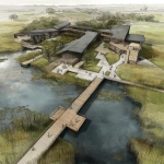**Campus design from drone perspective of a technical high school along a marsh with boardwalks which access viewing platforms. Design the buildings in the style of lake flato architects --v 7.0** - Upscaled by <@1182158818818400348> (fast)