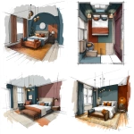 **a realistic layout design of a room. point of view is eye level. The room is 11′ 11″ (≈3.63 m) wide and 28′ 5″ (≈8.66 m) long and 6' high. At the bottom (south wall) centre, place the queen bed (with headboard against the wall). Mount the canopy rod/rail above the bed’s headboard; drape curtains to create a cocoon effect. On either side of the bed place two bedside table/storage units. Layer a large rug extending forward from the bed into the centre of the room, finishing approx ⅔ length of the room. Ceiling lighting: incorporate a cluster of pendant lamps above plus bedside pendant/table lamps near the bed. Colours are: Deep teal or charcoal indigo for the main wall behind the bed. Soft warm brown or muted dusty plum for the side walls. Textiles Teal, rust, and gold appear in rugs and pillows.** - <@458629979165687852> (fast)
-# Create, explore, and organize on [midjourney.com](<https://midjourney.com/imagine?from_discord=1>)