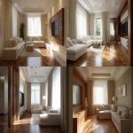 **Modern living room, same layout and architecture as reference, warm medium brown wood parquet flooring (not light), beige textured wallpaper, 20cm white foam baseboard trim, separated sofas in soft neutral tones (off-white, light beige), soft beige linen curtains allowing daylight in, sunlight casting gentle shadows, TV wall unit and wood partition exactly same as original design, professional wide-angle photography, natural lighting, elegant and cozy interior --v 7.0 --ar 16:9 --quality 2 --raw** - <@1346417210607931394> (fast)