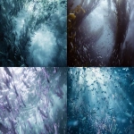 **Underwater current swirling school of tiny fish and trailing kelp in soft lavender cast, gray-blue water, shafts of light, crisp, high detail, no blur --ar 16:9 --v 6.0** - <@1386141833826140192> (fast)