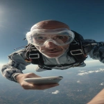 **The photo should be hyperrealistic but with distorted proportions. The framing should distort the proportions, prioritizing the head and shrinking the legs and feet. A 40-year-old man is skydiving, having fun, and wearing clear protective glasses. He's holding a smartphone in his right hand and his gaze is directed at the screen. Focus on the arm and the phone in the foreground. Use of a wide-angle lens. Natural light, surreal photo, crazy proportions. --ar 9:16** - Image #1 <@1310560084346146826>