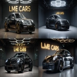 **a ultra realistic high quality photo of a porsche 911 inside a clean dark showroom with a hegagon light above the porsche reflecticting in its dark black paint standing infront of a wall with the text "LME CARS" in gold --ar 16:9** - <@1044962652931248128> (fast)