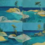 **an abstract painting of georgian bay, frothy water crashes onto the shore of a rock island with a single wind blown pine tree, paint mixed with streaks, muted and abstract forms --sref <https://s.mj.run/pPytsLEIUl0> --ar 3:2** - <@999895176619237436> (fast)