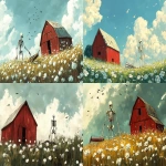 **A skeletal figure with long arms is plowing the field, next to it stands an old red barn. A profusion of white flowers grow on top and around the barn, while birds fly in the bright, cartoon-style sky. This is a gouache illustration, in the style of ArtStation. --ar 91:55** - <@264129597782753313> (fast)