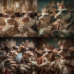 **Ultra HD full body portrait photo of two gangster cows, wearing crowns with lots of gems on the crown, wearing sunglasses. the two cows are at a party and are holding their arm out with drinks in their hands doing a cheers motion to celebrate. background is decorated with a royal theme. taken with a cannon eos, hyperrealistic, natural lighting --ar 2:3 --raw** - <@1103975769467789322> (relaxed)