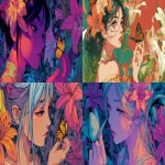 **An illustrationwith intense tones of a nymph in 3/4 view holding a butterfly in her hand and wearing a lily in her hair, in colorfull and anime style. --ar 16:9** - <@1068240844349509652> (fast)