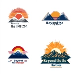 **create a logo for the corporate catch phrase "Beyond the Horizon", Sunrise, Mountains, Clipart, bold colors, thick lines, white background** - <@930510690723196958> (fast)