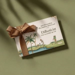 **a mockup of an elegant gift card design for the brand "impressionistic holographic card" with palm trees and a golf course, set against a golf green/minigolf background. the words "a distribution event will be held on october 6th to write off" are written in white letters in the top right corner of the postcard, with a brown ribbon tied around it in a bow. in the center, there is a stylized illustration of two people playing golf, with a golf hole and fairway in between them. there should also be some small gold decorations on the edges.** - Image #1 <@1252403463975866382>