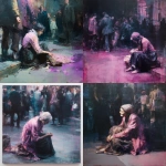**A fast, strongly colored painting, heavily in tones of pink, white, purple-blue and black, Paris streets, Victorian era, focusing on an old beggar woman, shabby, sad, dirty, begging on the street, sitting, people around her, in a full-screen shot, dark atmosphere. Painted by Jenny Saville.** - <@1106776019475636345> (fast)