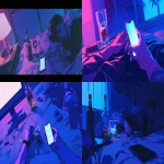 **comic book Cel-shaded anime style with bold clean linework, a dimly lit nightstand with a glowing phone beside a half-empty liquor glass or bottle, soft neon purple and blue lighting, shadows stretching across messy sheets, notifications pulsing gently, cinematic intimate mood --niji 6 --ar 16:9** - <@257221362568003584> (fast)