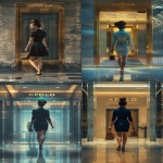 **A hyper-realistic color fashion editorial photograph, DSLR quality, 2025 style. A woman with an Italian-style large bun hairstyle, dressed like a luxury stewardess in a fitted secretary outfit with a pencil skirt ending just above the knees, tight and elegant, walking away gracefully in high heels. Full-body but very close, her silhouette sharp, her outfit perfectly tailored. She carries a structured handbag naturally at her side. She is entering a luxurious office building. Above the entrance wall, in bold clear letters, the word "APOLLO" is displayed, exactly six letters, perfectly legible, luxury brand logo style. Cinematic dramatic lighting, rich colors, glossy reflections on the floor, fashion magazine realism. --ar 2:3 --v 6.0 --raw** - <@1020654598798704680> (fast)