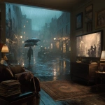 **Create a high-quality ultra-realistic photo background which is colour graded of a 1950s singing in the rain. Place a large tv or screen on the right hand side near the edge of the picture which you can see the whole screen** - Image #2 <@1168106068602261574>