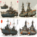 **a dnd style concept art with Ashley Wood details of two feudal japan wooden and old iron nuclear powered destroyer boats, Japan Meiji era armada, have different number in the hull, same size but not identical, dark industrial scifi style, labeled as fleet's best boats, white-deep sand contrast color with orange accents and small hi-viz lime and red hazard markings, mechanical details, Japanese characters graffiti on the hulls, realistic look, moody atmosphere, a little bit foggy, signal towers, various size nobori, various size lanterns, robotic-mechanical arms, have japanese anime mural on the hulls, signal cabbles, on a white background in the style of Studio Ghibli and Makoto Shinkai, cel-shaded, full-body, cartoon, 2D game art --ar 11:5** - <@1043498067623686144> (fast)