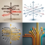 **design thinking divergent paths, multiple solutions to same problem, arrows pointing different directions then converging to innovative third solution, abstract visualization, professional style --ar 4:3** - <@794327127260266516> (fast)