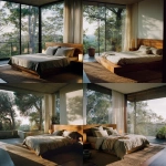 **Captured by a world-class luxury architectural and interior photographer, renowned for editorial storytelling and natural light mastery rich, pronounced 35mm film grain, subtle frame edge softness, authentic Kodak Portra 160 film texture pushed one stop, halation bloom on highlights, gentle color shift in shadows for analog realism, shot on Hasselblad 500CM ultra-luxury minimal master bedroom seamlessly blending with nature. Floor-to-ceiling glass opens to a private balcony overlooking lush treetops of the Queensland hinterland. King bed with low timber headboard in warm washed oak, dressed in natural Belgian linen with muted cream and soft grey tones. Textured jute rug underfoot, sculptural bedside lamps with soft warm glow. Early morning light filtering through sheer curtains, lifted shadows, soft highlights, warm neutral tones, balanced whites. Composition centered, allowing symmetry between interior and landscape, editorial architectural photography.** - <@837237355722571776> (fast)